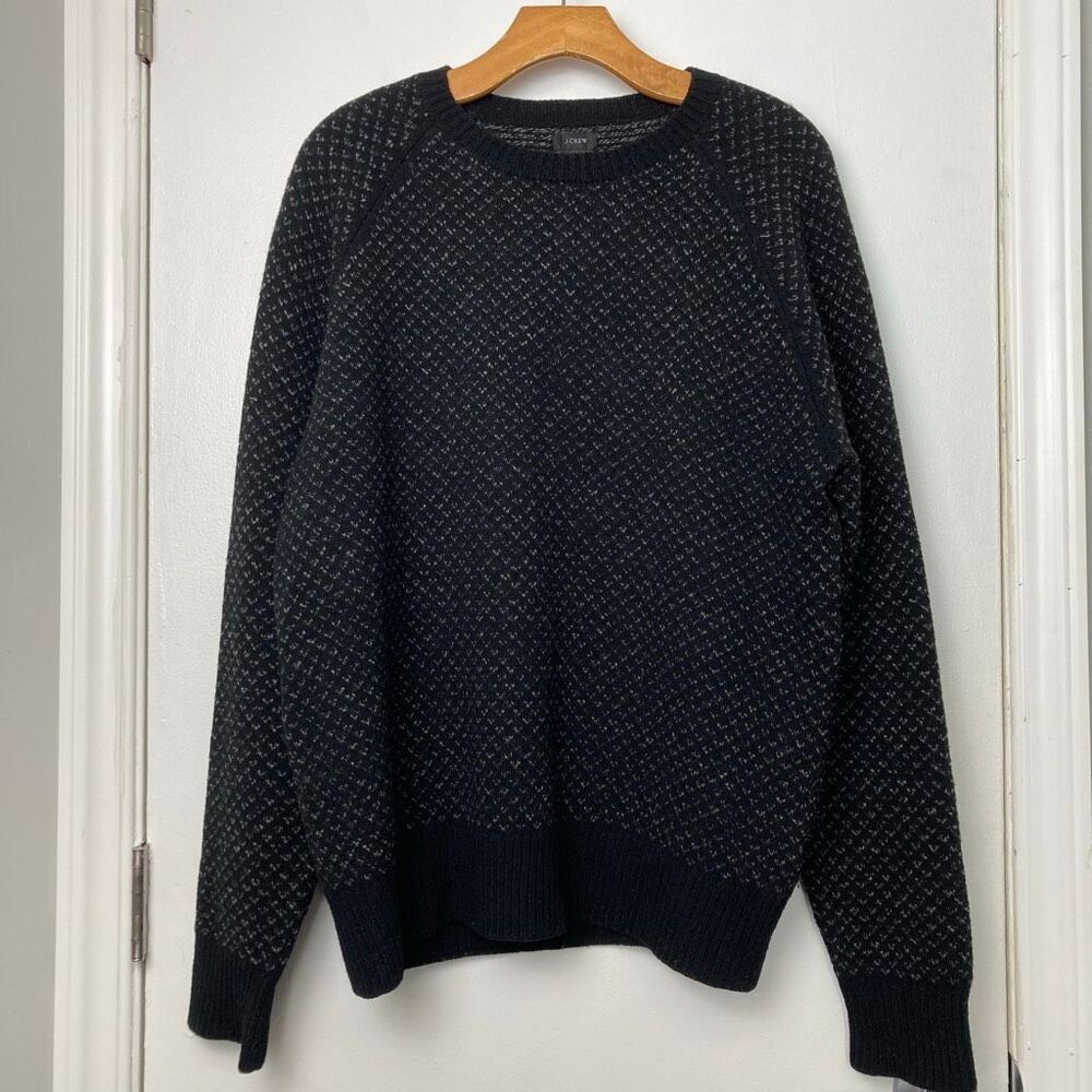 J. Crew Men's 100% Lambswool Pullover Sweater Crewneck Black/Grey Birdseye‎ sz L